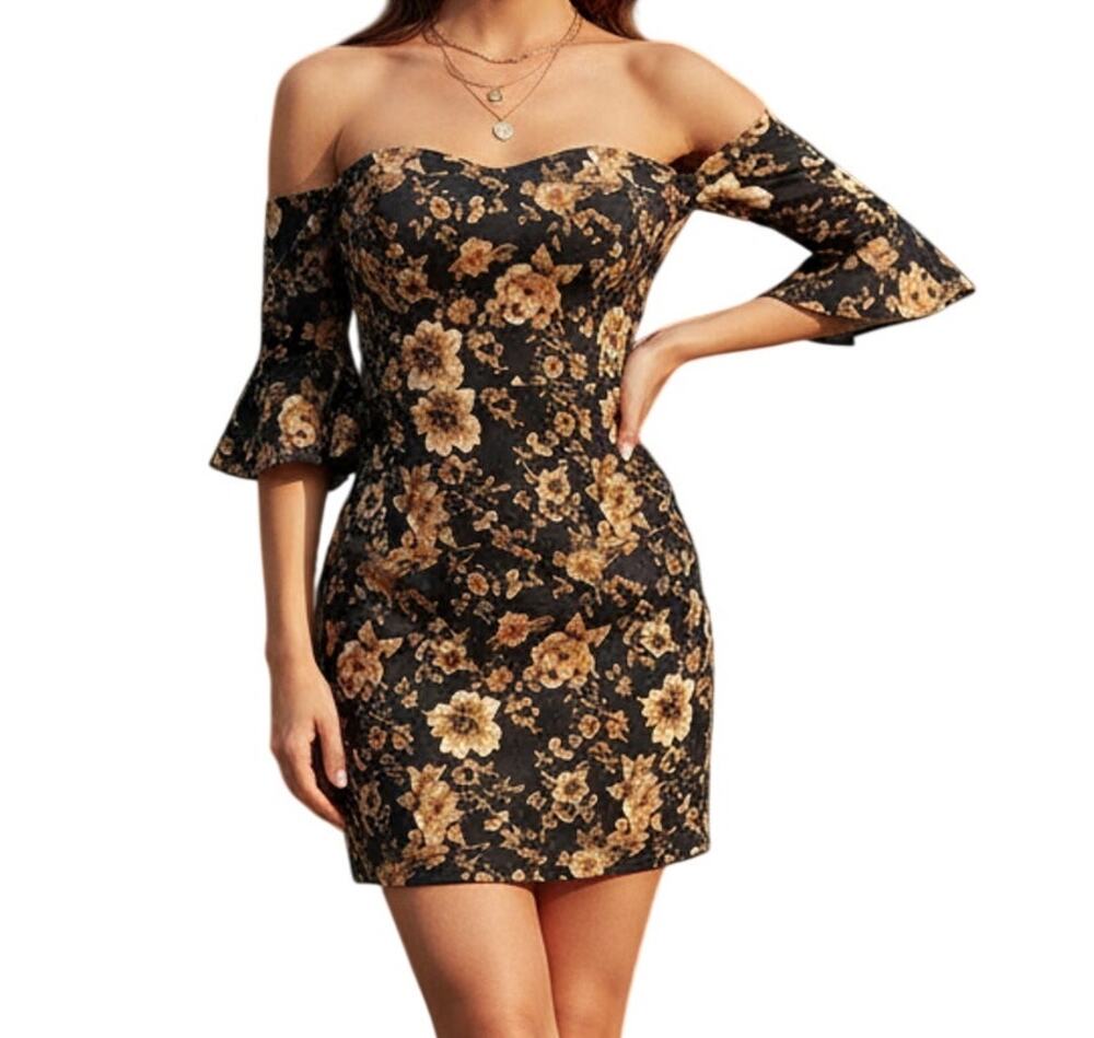 Dress Mini Bodycon S/M Floral Detached Bell Sleeves Black Gold LASCANA Y2K Boho